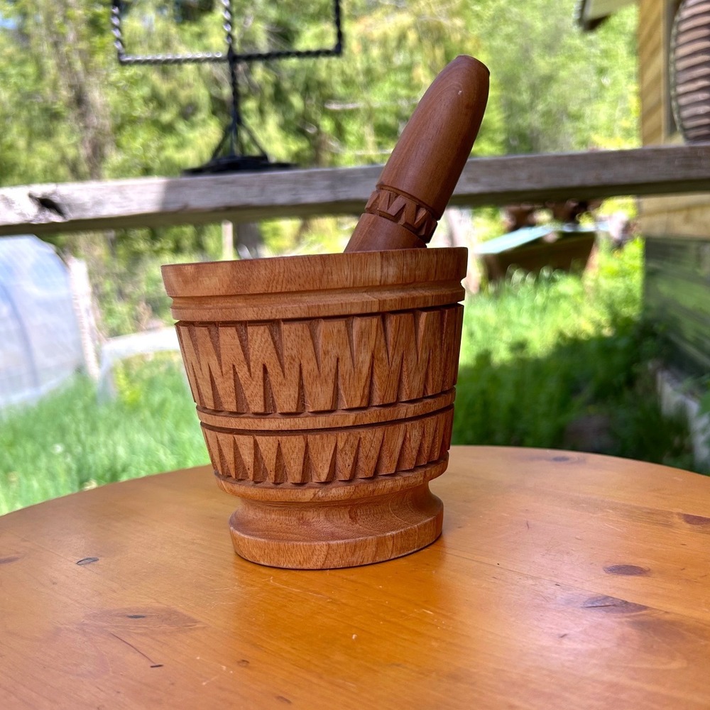 Vintage Mahogany Mortar and Pestle Set Hand Carved Boho Kitchen Decor Bangladesh